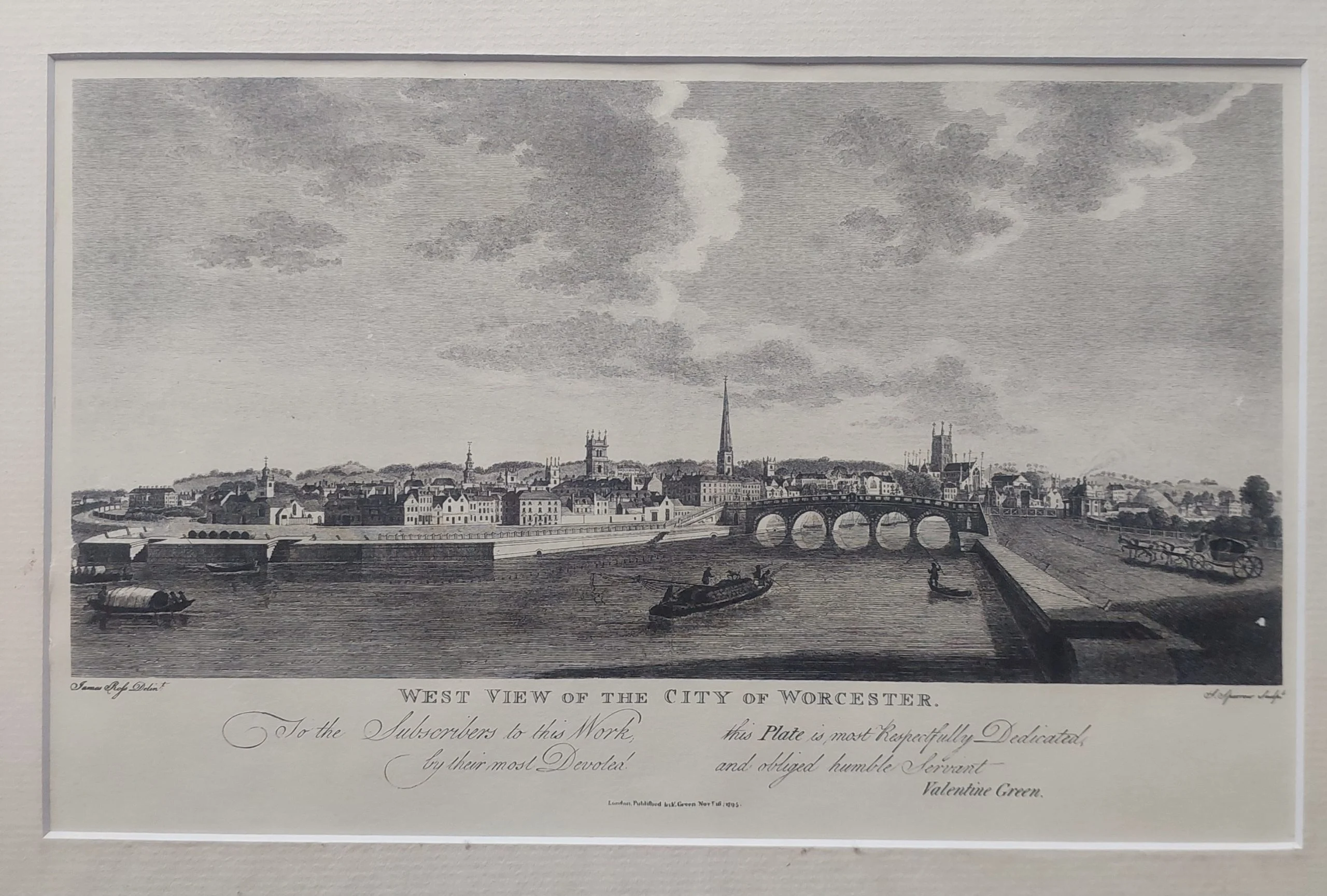 Vintage Mounted Reproduction Print – West View of the City of Worcester (1795 Engraving After Valentine Green) - Image 2