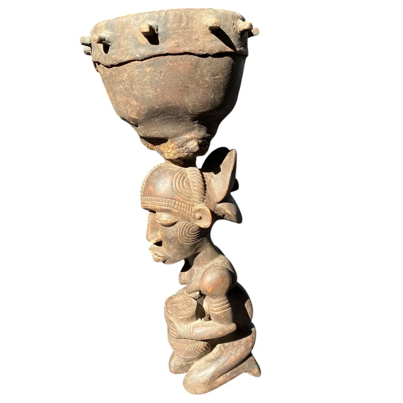 African Tribal Carved Drum Figure - Hand-Carved Wooden Female Figure with Playable Hide Drum - Image 3