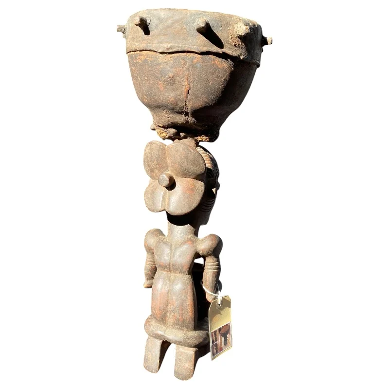 African Tribal Carved Drum Figure - Hand-Carved Wooden Female Figure with Playable Hide Drum - Image 4