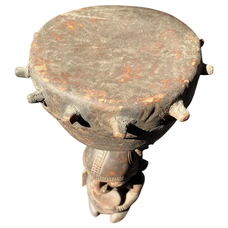 African Tribal Carved Drum Figure - Hand-Carved Wooden Female Figure with Playable Hide Drum - Image 5
