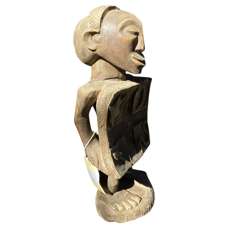 African Tribal Hardwood Figure with Symbolic Shield - Hand-Carved Wooden Sculpture (46cm) - Image 4