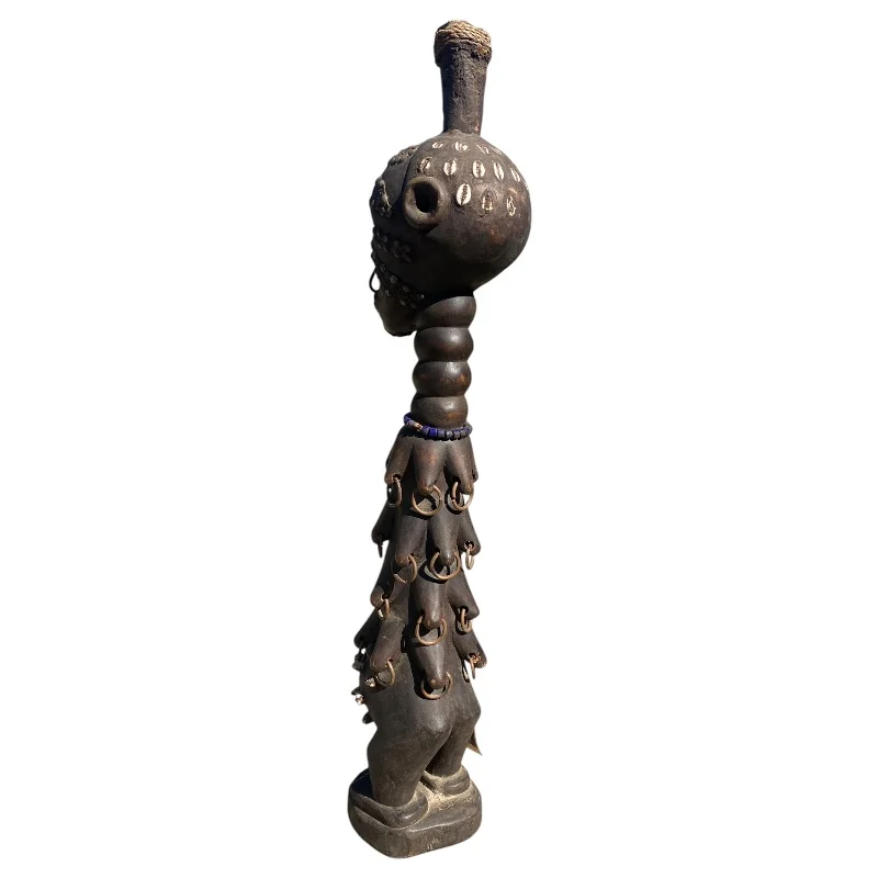 Large Songye Style African Tribal Female Power Figure - Hand-Carved Hardwood Sculpture with Metal Rings & Cowrie Shells (75cm) - Image 2