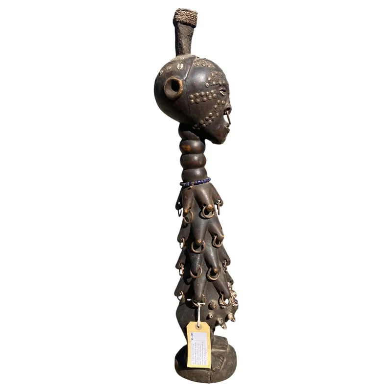 Large Songye Style African Tribal Female Power Figure - Hand-Carved Hardwood Sculpture with Metal Rings & Cowrie Shells (75cm) - Image 3