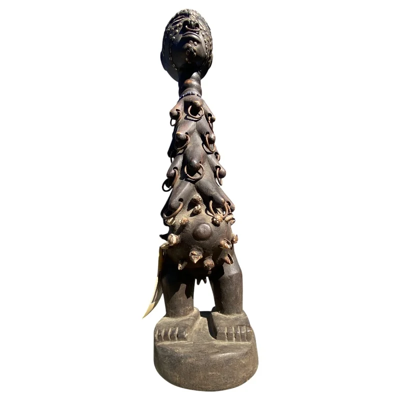 Large Songye Style African Tribal Female Power Figure - Hand-Carved Hardwood Sculpture with Metal Rings & Cowrie Shells (75cm) - Image 4